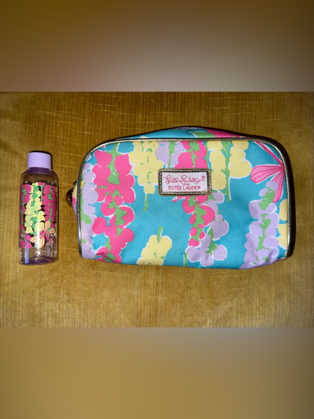 Estee Lauder Floral Cosmetic Makeup Bag by Lilly Pulitzer Design With Bottle